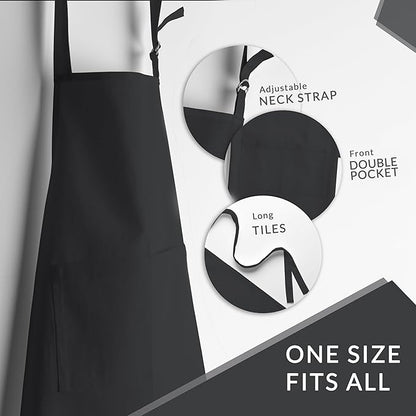 CALICOT Apron for women with Pocket 100% Cotton 27.50"x31.50" 2 Pieces Adjustable Neck Strap & long ties Apron Men, Chef, Wedding, Cooking, Gardening, Server, Waitress (Black)
