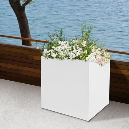 DYNAMI Square Planter Box White Steel Planter,17x17x18in Metal Planter Box Large Cube Plant Pot for Outdoor Plants,Modern Heavy Duty Flower Pot for Patio, Deck, Yard, Garden