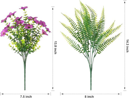 HyeFlora Artificial Faux Outdoor Flowers Plants for Summer Outside Decoration, 14 Bundles Fake Silk Colorful Daisy Ferns UV Resistant Realistic for Front Door Porch Planter Patio Yard