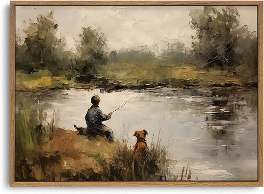 ZZLWBKGL Vintage Landscape Framed Wall Art Country Boy Fishing Canvas Wall Art Nursery Dog and Boy Pictures Wall Decor Rustic Farmhouse Art Prints for Living Room Bedroom