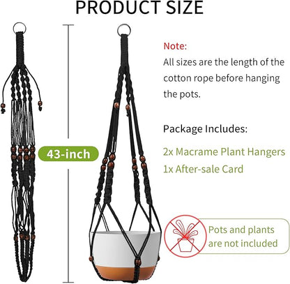Macrame Plant Hanger - Fits 6 to 15 inches Pots for Indoor Outdoor, 43 Inch, Set of 2, Black (POTS NOT Included)