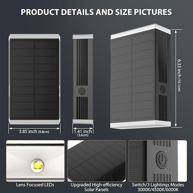 Solar Wall Light Outdoor,3000/4000/6000K 3 Modes Dusk to Dawn Lighting Wall Sconce IP67 Waterproof Up and Down Solar Lights Outdoor for House, Garage, Porch,Doorway (2 Pack)