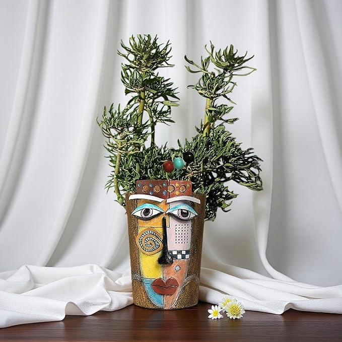 Picasso Abstract Face Flower Pot,Plant Pot with Facial Expressions,Handmade Resin Plant Pot with Drainage Holes,for Indoor and Outdoor Botanical Home décor (Brown Large)