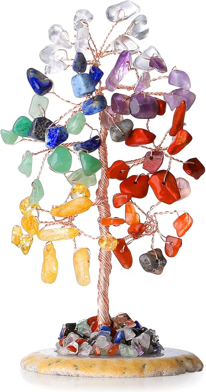 7 Chakra Healing Crystal Tree of Life Natural Gemstone Agate Slice Base Copper Wire Wrapped Money Trees Feng Shui Reiki Spiritual Energy Decorations Home Office Room Desk Decor Gifts for Women Men