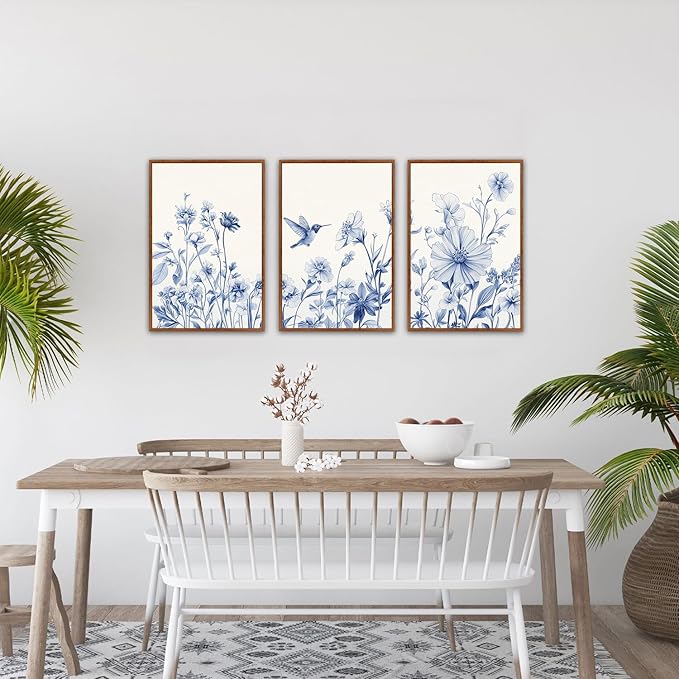HLNIUC Bule Flower Bird Wall Art Set,Large Canvas Wall Art Blue White Wildflower Poster,Farmhouse Vintage Blue Bird Blossoms Canvas Painting,Botanical Floral Art Print for Living Room Bedroom-16"x24"x3
