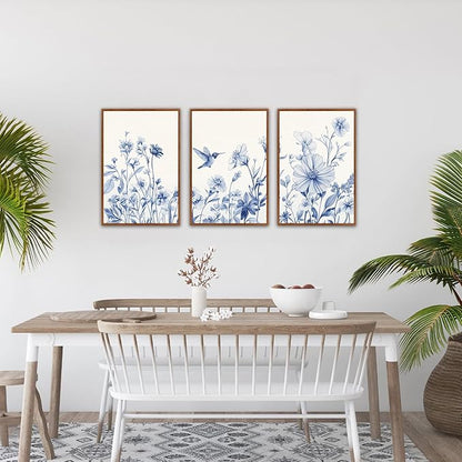 HLNIUC Bule Flower Bird Wall Art Set,Large Canvas Wall Art Blue White Wildflower Poster,Farmhouse Vintage Blue Bird Blossoms Canvas Painting,Botanical Floral Art Print for Living Room Bedroom-16"x24"x3