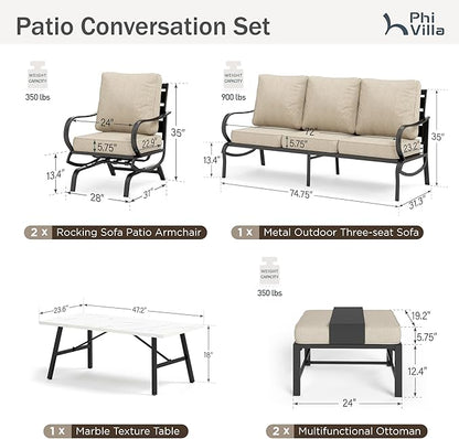 PHI VILLA 6 Piece Patio Furniture Sets with 1x 3-Seat Deep Seating Bench Sofa, 2 C-Base Sofa Chairs, 2 Metal Cushioned Ottoman and & 1 Coffee Table, Deluxe Outdoor Patio Set for 5-7 Person