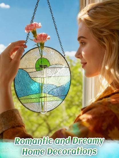 Stained Glass Propagation Stations - Sunshine Catcher Window Hanging Plant Holder, Terrariums Wall Decor for Women Mom Plant Lovers Christmas Gardening Gifts, Green