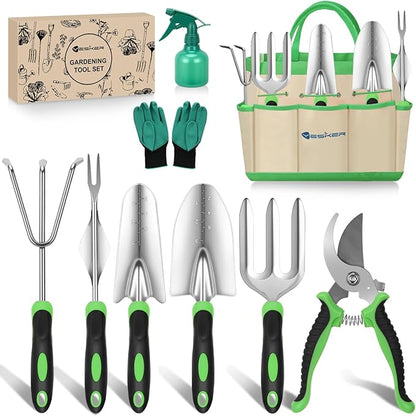 Yesker Gardening Tools 9-Piece Heavy Duty Garden Tool Set Gardening Supplies Gifts for Women Men Gardening Hand Tool Kit with Non-Slip Ergonomic Handle, Garden Bag, Durable Gloves, Spray Bottle, Green
