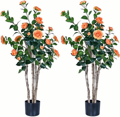 2pc 4ft Decorative Artificial Camellia Tree with Orange Flowers, Potted Faux Floral Plant, Realistic Blooming Fake Plants for Indoor Outdoor Home Front Door Planter Decor