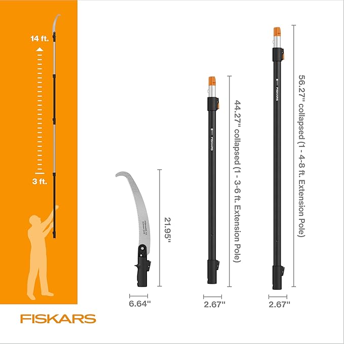 Fiskars XtendControl 14' Extendable Tree Pruner, Adjustable Pole Saw Branch Trimmer with 15" X2 Hook Bill Saw, 3-6' & 4-8' Extension Poles, and Secure Locking System for Precision Cutting