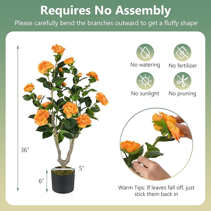 Goplus 36’’ Artificial Camellia Tree, 2 Pack Flower Plants Artificial Tree, Faux Floral Plant Blooming Tree in Nursery Pot, Greenery Potted Plant for Indoor Office Home Porch Decor, Orange