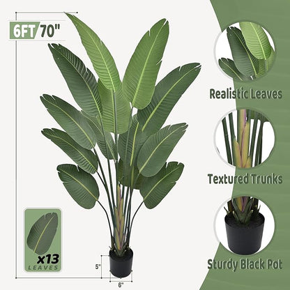 Artificial Bird of Paradise Tree 6FT with 13 Leaves Realistic Thick Banana Leaf Tall Large Faux Tropical Plant 70 Inch Black Pot for Indoor Home Office Poolside Porch Mall Hotel School Decor
