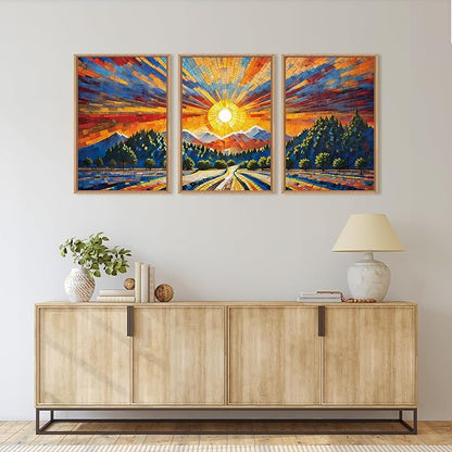 HOURIA Large Natural Mountain Forest Framed Canvas Wall Art Set,Wilderness Sunrise Wall Decor,Boho Pine Tree Square Ridge Artwork,Modern Field Art Print for Living Room, Office, Farmhouse- 16"x24"x3