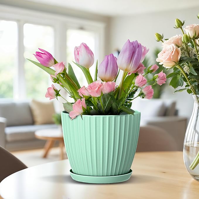 Mint 6-Inch Plant Pots with Drainage & Saucers 6 Pack, Indoor & Outdoor Planters for Houseplants, Herbs, and Flowers, Durable & Weatherproof Material, Stackable, Lightweight, Minimalist Design