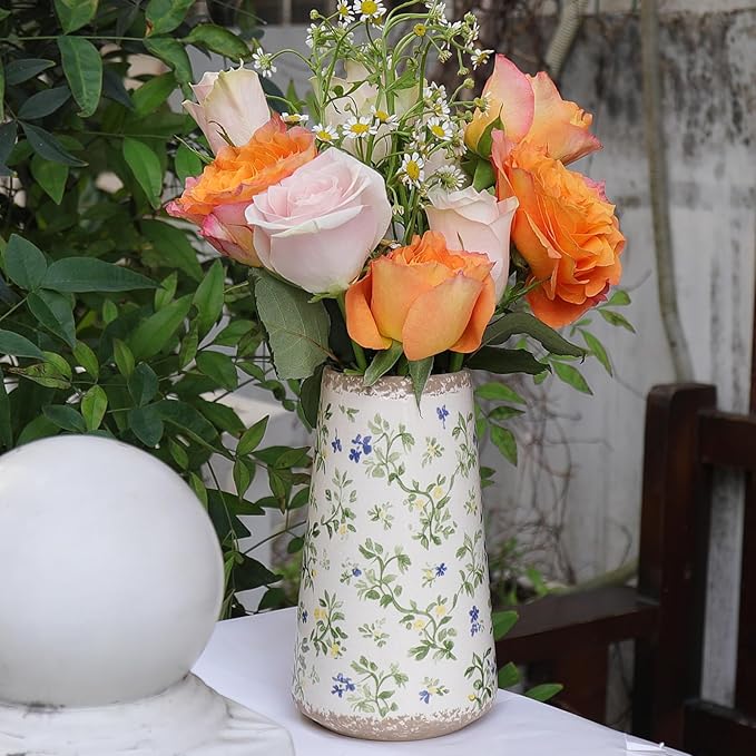 Vintage Ceramic Vase, Tuscan Crackle Glaze Small Flower Vase with Blue and Beige, Rustic Retro Table Vases Decor for Farmhouse Living Room, Bookshelf, Office, Grand Millennial