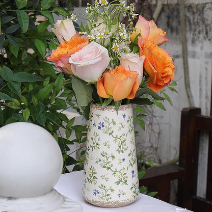Vintage Ceramic Vase, Tuscan Crackle Glaze Small Flower Vase with Blue and Beige, Rustic Retro Table Vases Decor for Farmhouse Living Room, Bookshelf, Office, Grand Millennial