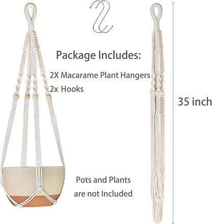 Macrame Plant Hanger Indoor with Wood Beads and No Tassels,35 Inch Extra Long Strong Hanging Planter Flower Pot Holder Boho Home Decor,Set of 2,Ivory(Pots Not Included)