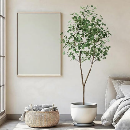 6.89ft Artificial Tree, Faux Eucalyptus Tree with Lifelike Leaves, Fake Eucalyptus Tree with Sturdy Plastic Pot, Artificial Plants for Office Home Living Room Indoor Outdoor Decor