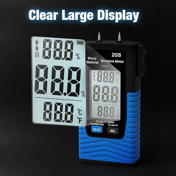 Digital Wood Moisture Meter, HOLDPEAK Pin Type Water Leak Detector Handheld Humidity Tester with LED Indicators, Temperature Measurement, Data Record, Moisture Tester for Firewood, Flooring, Drywall