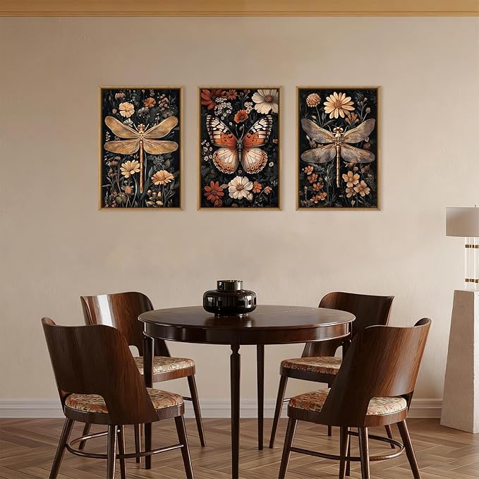 Large Vintage Butterfly and Dragonfly Wall Decor Framed Canvas Wall Art,Retro Dark Animal Floral Wall Decor, Moody Insect Wildflowers Botanical Artwork for Living Room,Bedroom,office-24 x36 x3