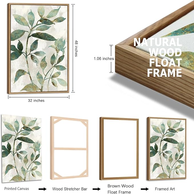 Large Framed Canvas Wall Art - Natural Float Framed Rustic Green Flowers Leaves Pictures Paintings White Grey Artwork Decor for Bedroom Living Room Kitchen Home Office Decoration 96" X 48" Set of 3