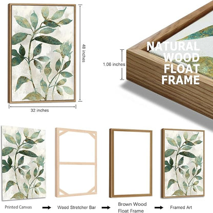 Large Framed Canvas Wall Art - Natural Float Framed Rustic Green Flowers Leaves Pictures Paintings White Grey Artwork Decor for Bedroom Living Room Kitchen Home Office Decoration 96" X 48" Set of 3
