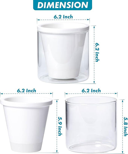 D'vine Dev 6 Inch Design Self Watering Planter for Indoor Plants, White Terracotta Pots with Cylinder Glass Cup, Set of 2, 37-Y-B-2