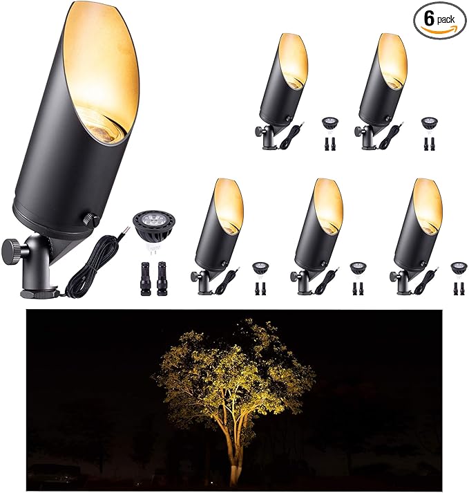 Gardenreet 12V Spot Lights Solid Brass - Black Outdoor Low Voltage Landscape Spotlight, Wired LED Uplights Waterproof, Electric Adjustable Shield for Patio Wall with Warm White MR16 Bulb (6 Pack)