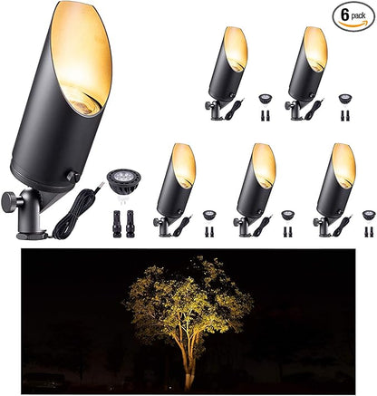 Gardenreet 12V Spot Lights Solid Brass - Black Outdoor Low Voltage Landscape Spotlight, Wired LED Uplights Waterproof, Electric Adjustable Shield for Patio Wall with Warm White MR16 Bulb (6 Pack)