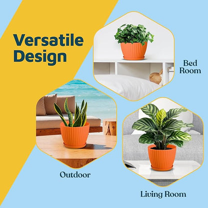 Yellow 6-Inch Plant Pots with Drainage & Saucers 6 Pack, Indoor & Outdoor Planters for Houseplants, Herbs, and Flowers, Durable & Weatherproof Material, Stackable, Lightweight, Minimalist Design