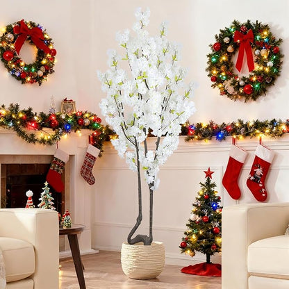7.2 ft White Artificial Cherry Blossom Tree, Nearly Nature Faux Silk Flower Tree Indoor, Fake Realistic White Flowering Tree for Christmas New Year Home Decor