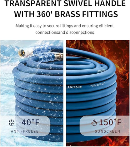 Heavy Duty Premium Garden Hose 150ft x 5/8", 300PSI Working, 1000PSI Burst, Hybrid Rubber Water Hose with Transparent Swivel Handle - Hot/Cold Water - Five Layered Braiding with Brass fittings (Blue)