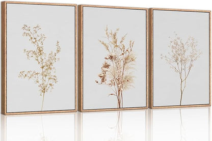 Wildflower Floral Framed Canvas Wall Art Set, Beige Botanical Wall Decor, Minimalist Nature Flower Wall Painting, Modern Boho Farmhouse Art Print for Living Room, Bedroom, Office- 24"x36"x3