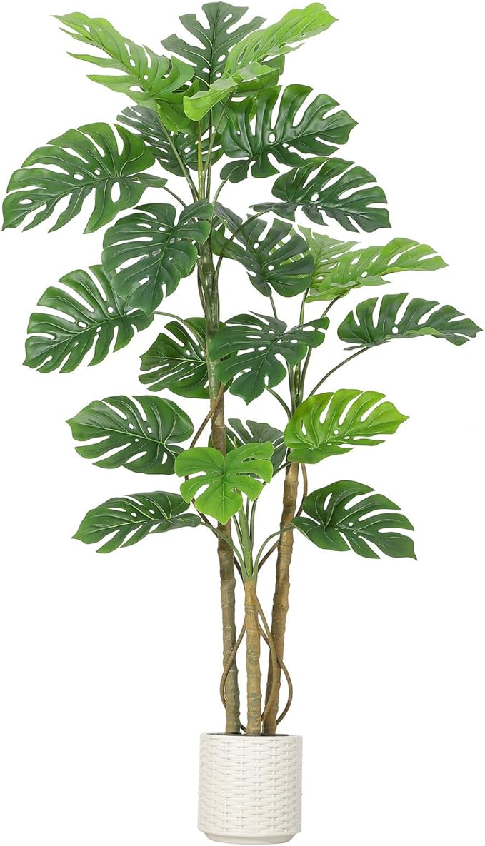 6FT Artificial Monstera Plant - Realistic Fake Tropical Palm Tree for Home Decor - Large Faux Monstera Deliciosa with Bendable Stems & Ceramic Pot - Indoor Outdoor UV Resistant
