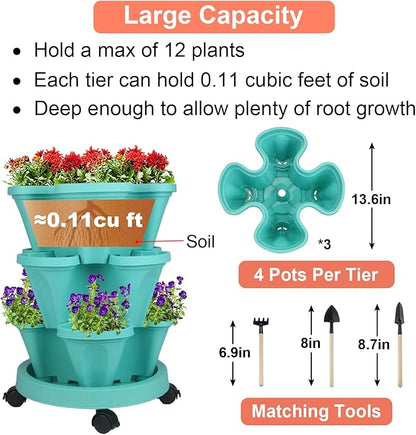 GameXcel Vertical Planter 3 Tier Stackable Planters Garden Planters Strawberry Herb Flower and Vegetable Planter Indoor Outdoor Gardening Pots with Removable Wheels and Tools