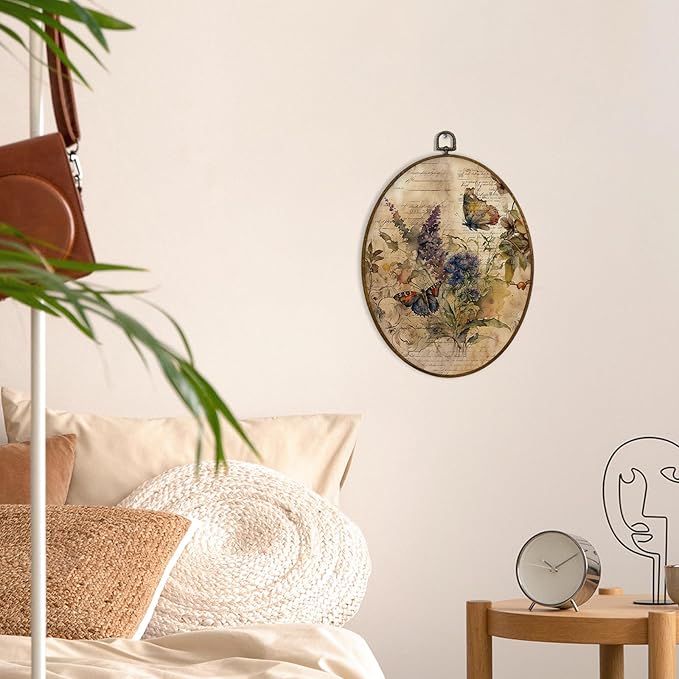 MAQIKA Vintage Butterfly Botanical Oval Framed Wall Art Decor, Butterfly Wall Decor, Wildflower Oval Wall Hanging Decor, Farmhouse Butterflies Canvas Prints Wall Art for Office Bedroom, 8.7x11.3 Inch