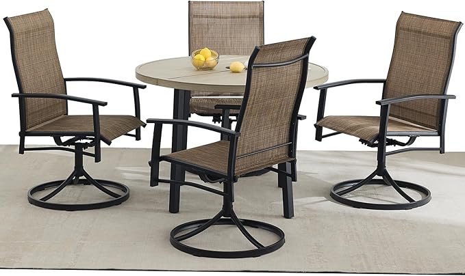 5 Piece Outdoor Dining Set, 42" Honey Oak Round Outdoor Dining Table with 4 Mocha Swivel Patio Table and Chair Set of 4 for Lawn, Garden, or Porch
