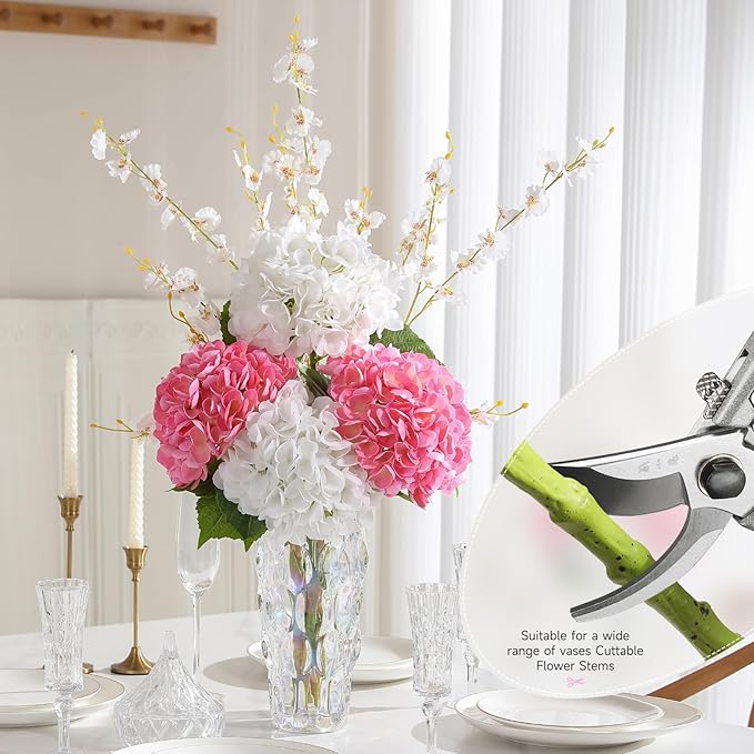 4Pcs Hydrangea Artificial Flowers, 22.44" Real Touch Latex Faux Hydrangea with Long Stems & Leaves for Home Office Decor or Wedding, Party, Centerpieces, Floral Arrangements (White&Pink)