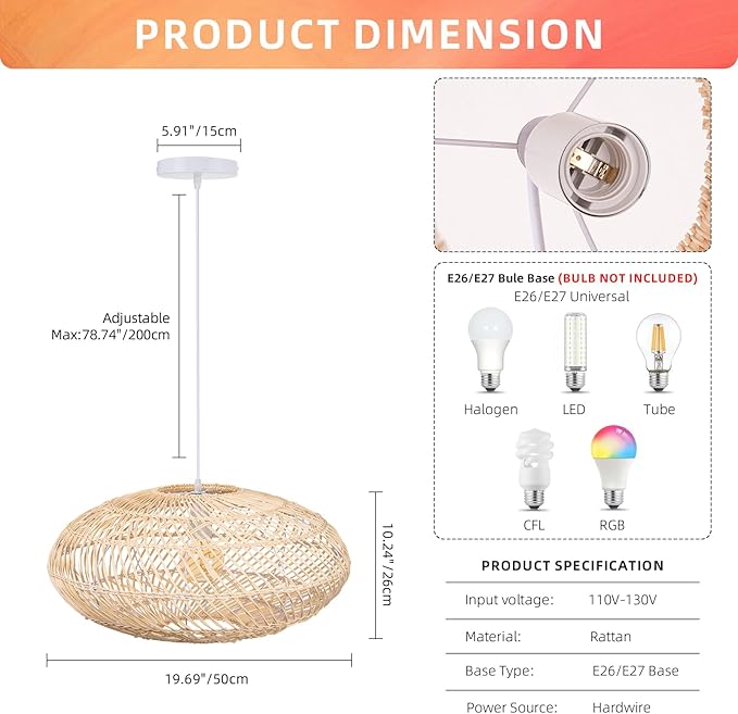 Arturesthome Natural Rattan Pendant Light, Woven Round Chandelier Pendant Lamp Shade, Hanging Ceiling Light, Handmade Lampshade for Kitchen Island Dining Room Hallway Foyer
