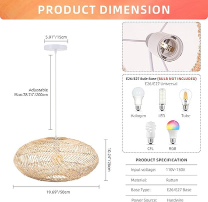 Arturesthome Natural Rattan Pendant Light, Woven Round Chandelier Pendant Lamp Shade, Hanging Ceiling Light, Handmade Lampshade for Kitchen Island Dining Room Hallway Foyer