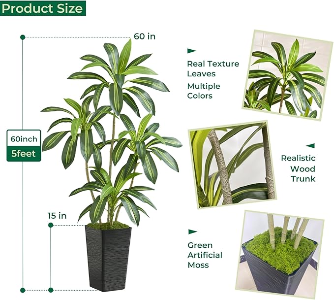 5FT Artificial Dracaena Tree with Black Planter and Fake Moss - Real Touch Fake Plant for Home & Office Decor, Faux Yucca Indoor Floor Tree, Low Maintenance, Non-Fading Silk Plants