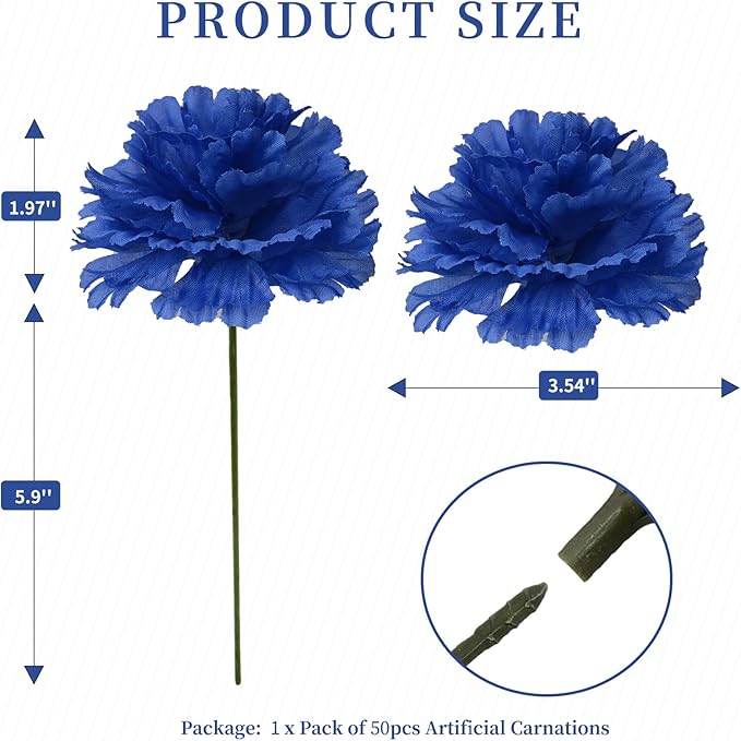 Silk Carnation Flower, 50 Artificial Flowers, Used for Wedding Decoration DIY Handmade Flowers, Carnation Flower Diameter 3.5 Inches and 6 Inches Stem (Blue)