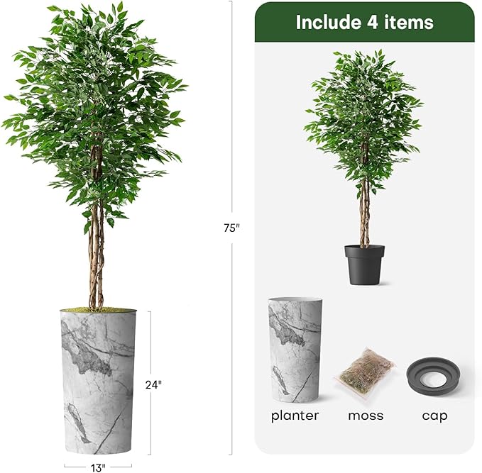 Artificial Tree in Gray Marble Effect Planter, Fake Ficus Silk Tree for Indoor and Outdoor Home Decoration - 75" Overall Tall (Plant Pot Plus Tree)