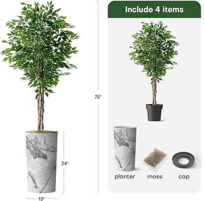 Artificial Tree in Gray Marble Effect Planter, Fake Ficus Silk Tree for Indoor and Outdoor Home Decoration - 75" Overall Tall (Plant Pot Plus Tree)