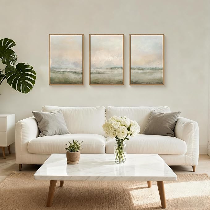 Abstract Beige Green Landscape Framed Canvas Wall Art Set, Watercolor Natural Tan Wall Decor, Minimalist Neutral Modern Scenery Artwork for Living Room, Bedroom,Farmhouse- 16"x24"x3