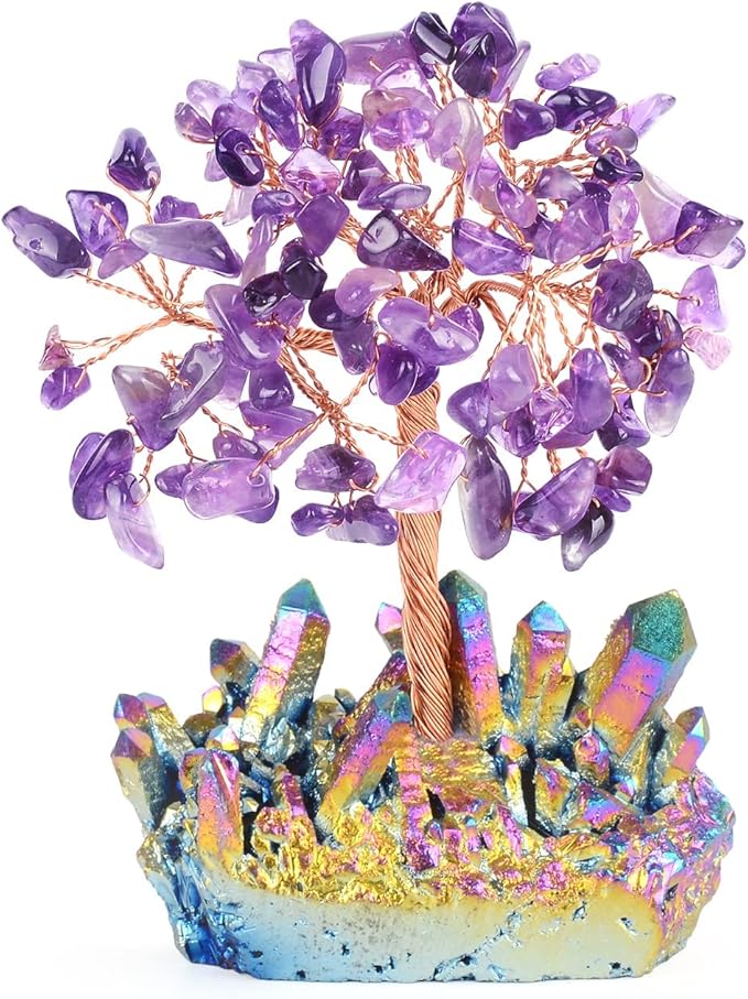 Natural Amethyst Decor Crystal Tree of Life Quartz Rainbow Tatinium Base Healing Crystals Feng Shui Bonsai Handmade Money Tree for Wealth and Luck