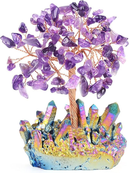 Natural Amethyst Decor Crystal Tree of Life Quartz Rainbow Tatinium Base Healing Crystals Feng Shui Bonsai Handmade Money Tree for Wealth and Luck