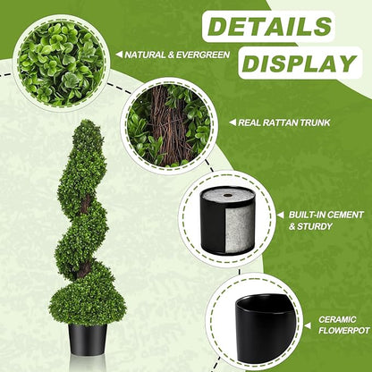 Artificial Boxwood Topiary Trees for Outdoor Front Door, Porch, Garden - 3 ft Tall Spiral Faux Shrubs Plants with Ceramic Planters, Fake Tree Potted for Indoor Home Office Decor, Set of 2