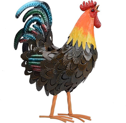 Metal Rooster Statues, Garden Chicken Decorations, Outdoor Chicken Sculptures, Metal Yard Rooster Artwork for Yard Farm Patio Lawn Porch Kitchen Decoration (Brown)